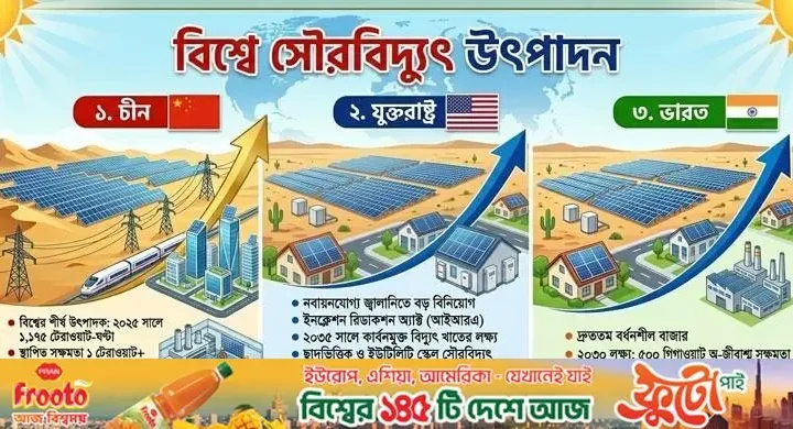 সৌরবিদ্যুৎ উৎপাদনে বিশ্বে এগিয়ে চীন, দ্রুত এগোচ্ছে ভারত-যুক্তরাষ্ট্র